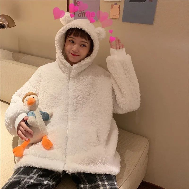 Áo Khoác Lông Cừu Dày Dặn Có Khóa Kéo Phối Tai Thỏ Dễ Thương Phong Cách Nhật Bản