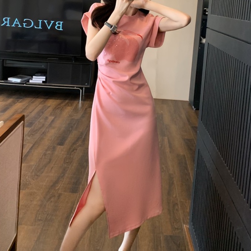 Nhân phong cách pháp váy khí chất nữ mùa hè xếp ly hẹp eo che bụng thon gọn hơn trông thiết kế cảm thấy thích hợp váy t-shirt màu hồng high-en