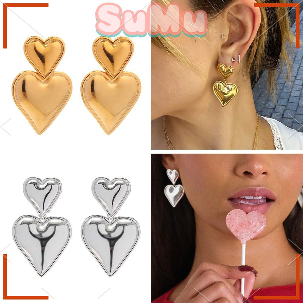 SUMU Khuyên Tai Titan Mạ Vàng Hình Trái Tim Đôi Sang Trọng Chống Rỉ Sét Cho Nữ