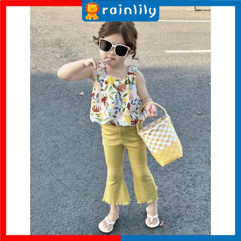 Bộ Áo Hoa Hai Dây + Quần Ống Loe Phong Cách Phương Tây Thời Trang Mùa Hè Hàn Quốc 2023 Mới Cho Bé Gái