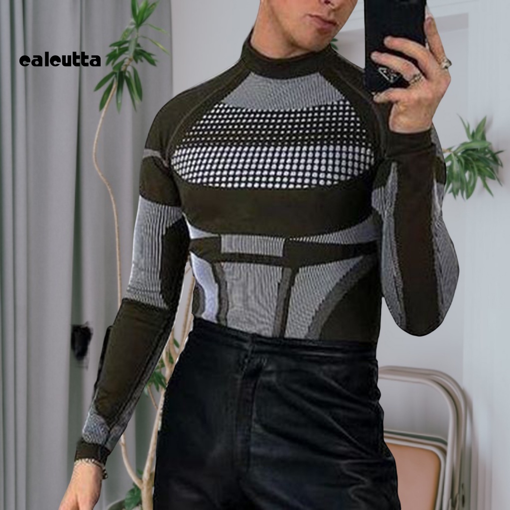 [calcutta] Áo nam Chui Đầu Dáng Ôm Cổ Cao Họa Tiết Kẻ Sọc Màu Sắc Tương Phản Giữ Ấm Mùa Đông