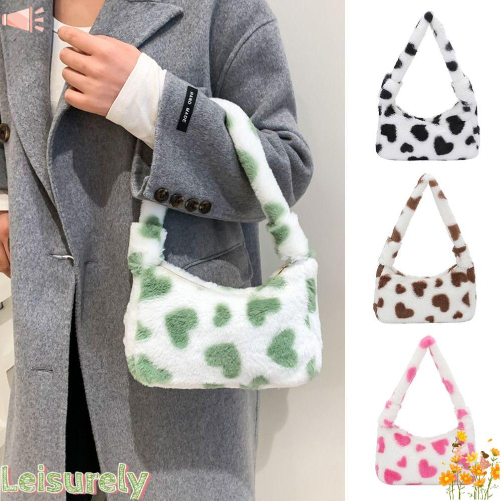 LEILY Túi Tote Đeo Vai Phủ Lông Họa Tiết Trái Tim Đáng Yêu Thời Trang