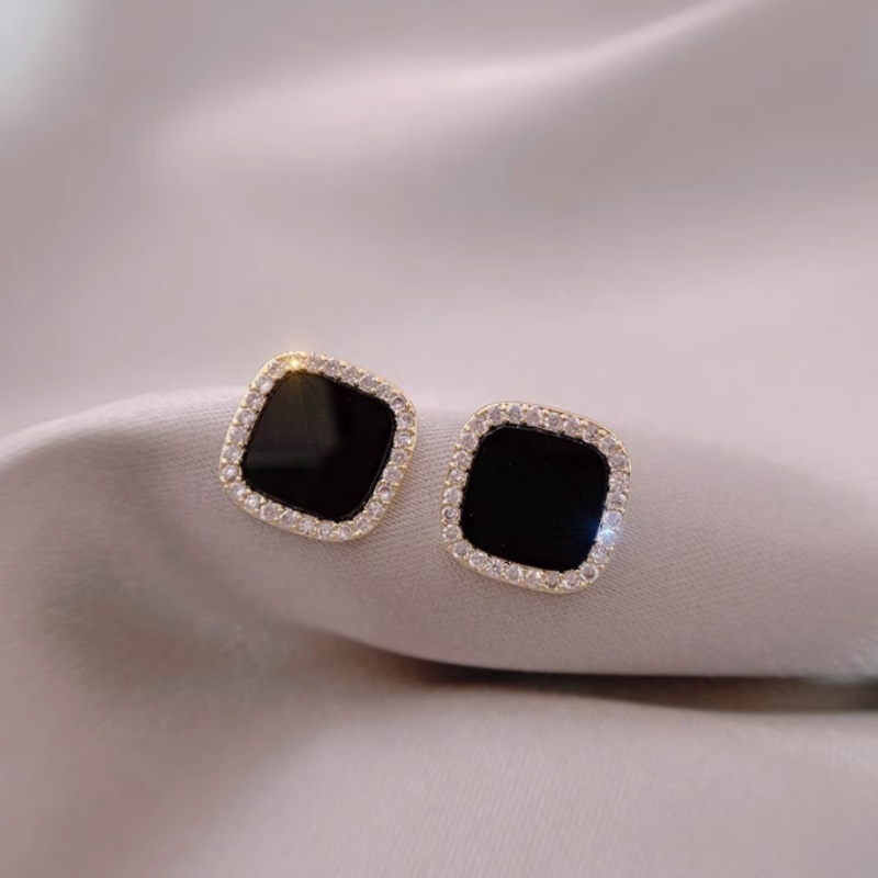 Bông Tai Mạ Bạc 925 Hình Vuông Đính Đá Pha Lê Đen Phong Cách Hàn Quốc Thời Trang Cho Nữ