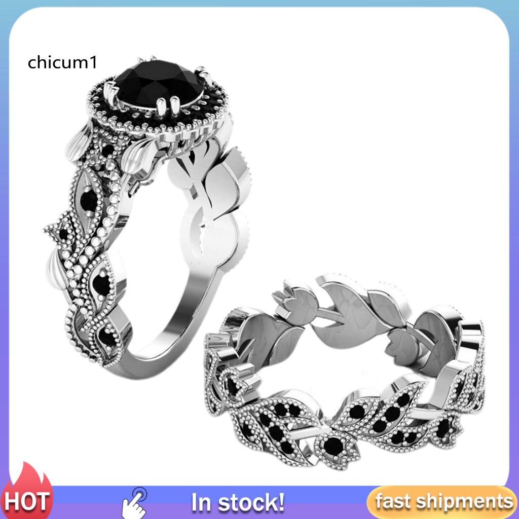 Set 2 Nhẫn Cưới Hình Hoa Lá Đính Kim Cương Giả Thời Trang Cho Nữ