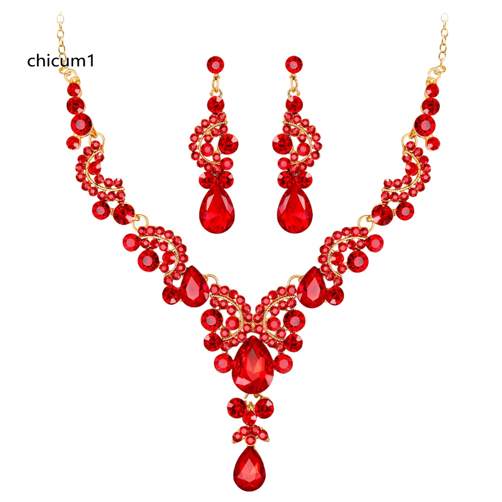 Bộ Vòng cổ + Bông Tai Đính Kim Cương Giả Hình Giọt Nước Sang Trọng