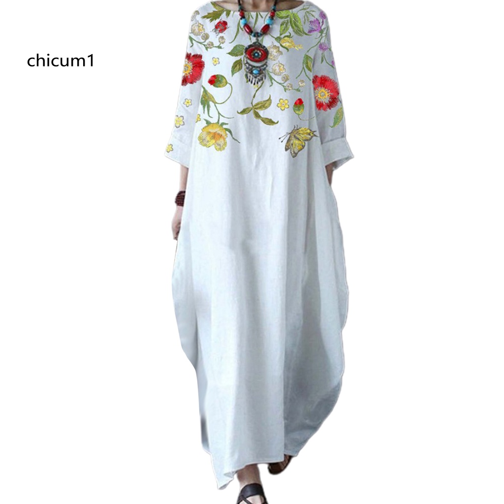 Đầm Maxi Cổ Tròn Tay 3 / 4 In Họa Tiết Hoa Lá Thời Trang Xuân Thu Xinh Xắn Cho Nữ