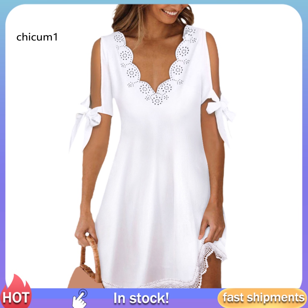 Đầm Chữ A Dáng Rộng Chữ A Màu Trơn Viền Ren Thắt Nơ Bằng Polyester Hở Vai Gợi Cảm Cho Nữ