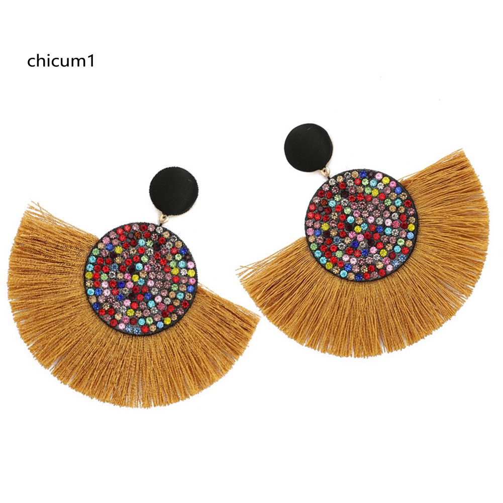 Khuyên Tai Hình Quạt Đính Đá Tua Rua Phong Cách Bohemian