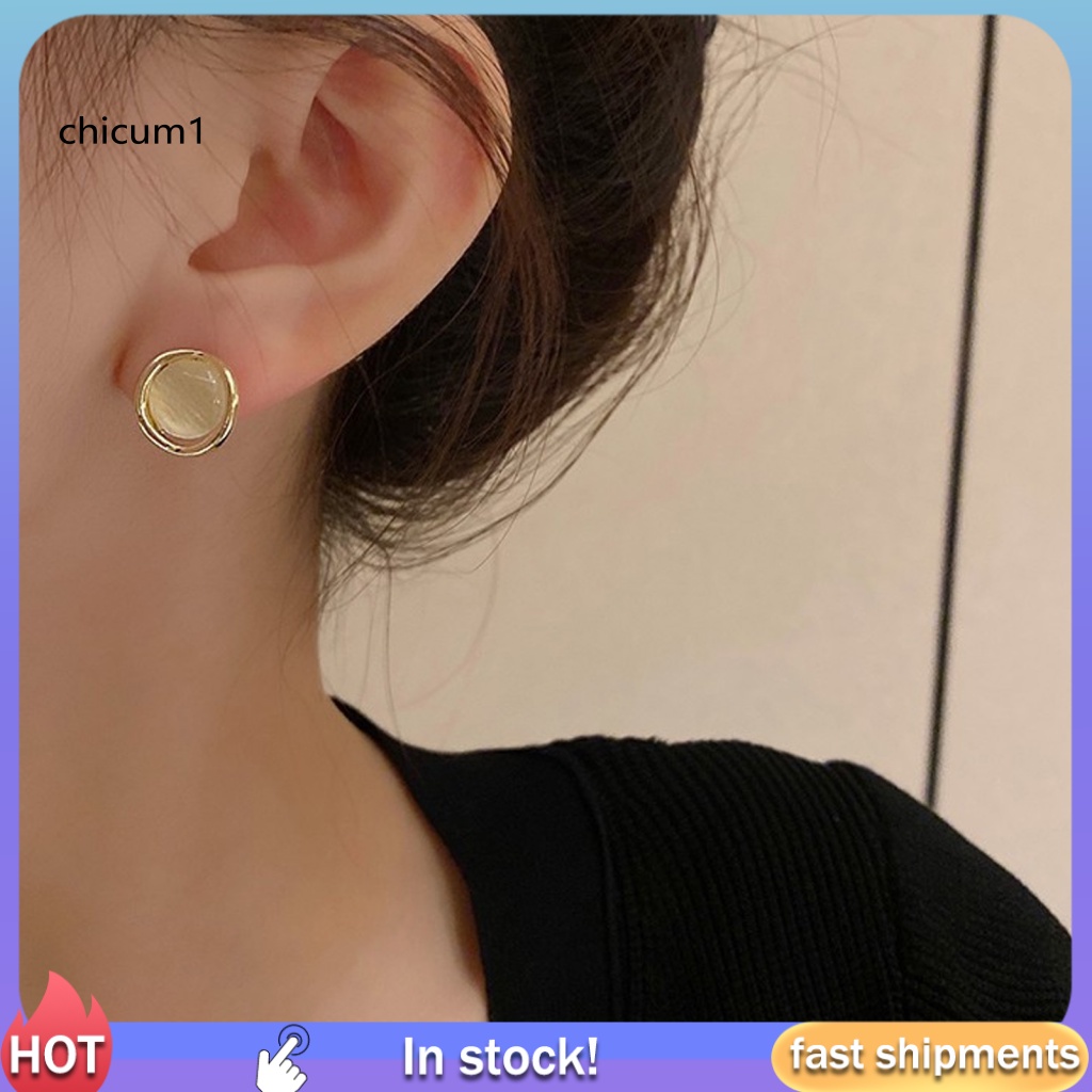 1 Đôi Bông Tai Hình Tròn Đính Đá Mắt Mèo Lấp Lánh Dành Cho Nữ