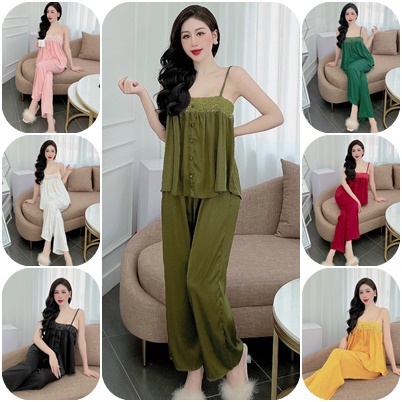 Bộ Dài Hai Dây Phối Ren Vải Gấm Xước Cao Cấp Sang Xịn Mịn-Đồ Bộ Tiểu Thư Cưng Xĩu Vải Gấm Xước Freesize dưới 60kg