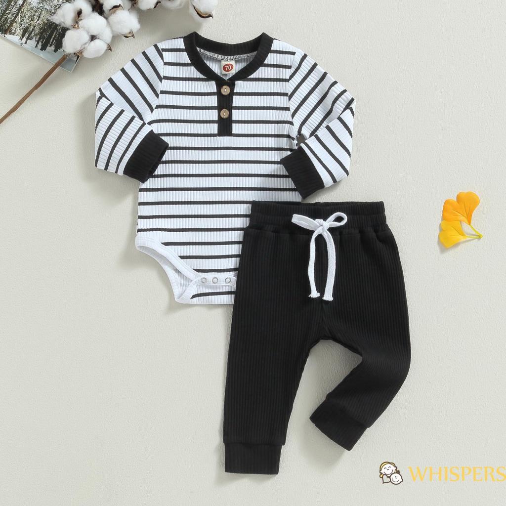 Bộ Áo Liền Quần Dài Tay Sọc Ngang + Quần Dài Cho Bé Trai 0-24 Tháng Tuổi