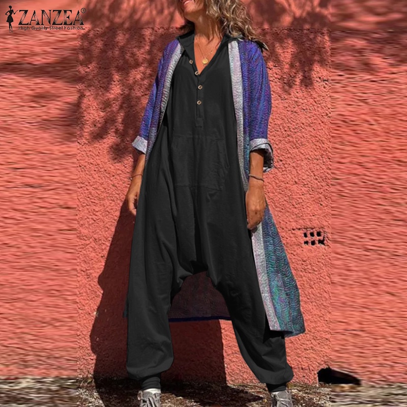 Zanzea Jumpsuit Sát Nách Có Nón Màu Trơn Thời Trang Vintage Cho Nữ