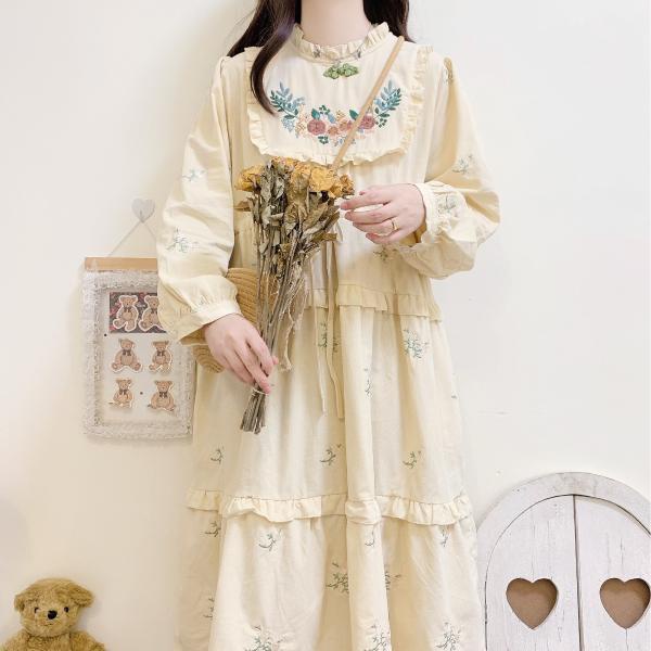 Đầm Công Chúa Nhật Bản Tay Dài Cổ Đứng Cài Nút Thêu Họa Tiết Rừng Cây Ngọt Ngào Mới