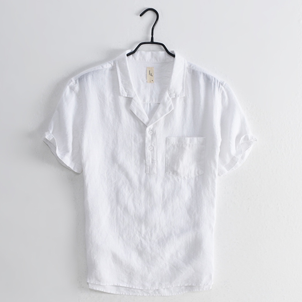 BEFOYI Men's Shirt Short Sleeve Linen Summer Casual Vintage Slim Fit V-Neck Solid White S-3XL