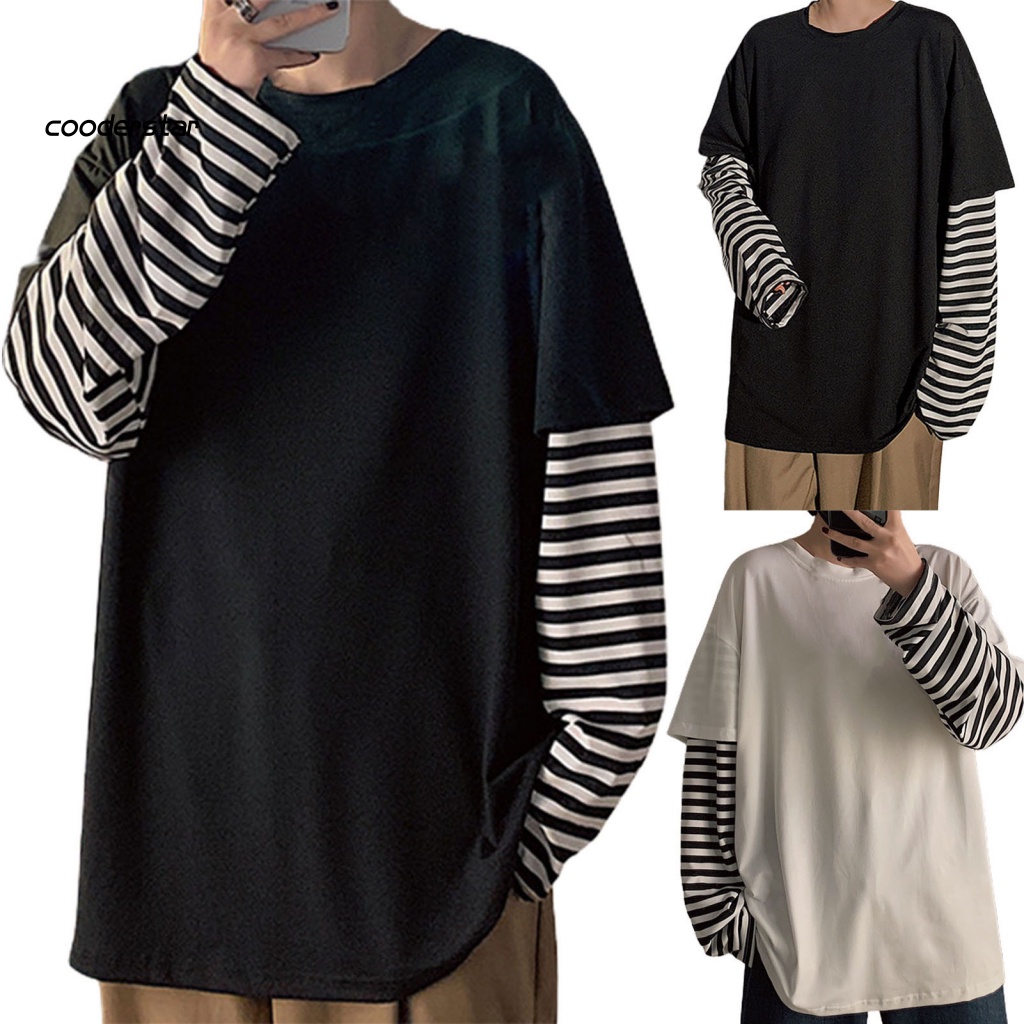 Áo Thun Cổ Tròn Giả Hai Lớp Họa Tiết Kẻ Sọc Thời Trang Mùa Thu Cho Nam