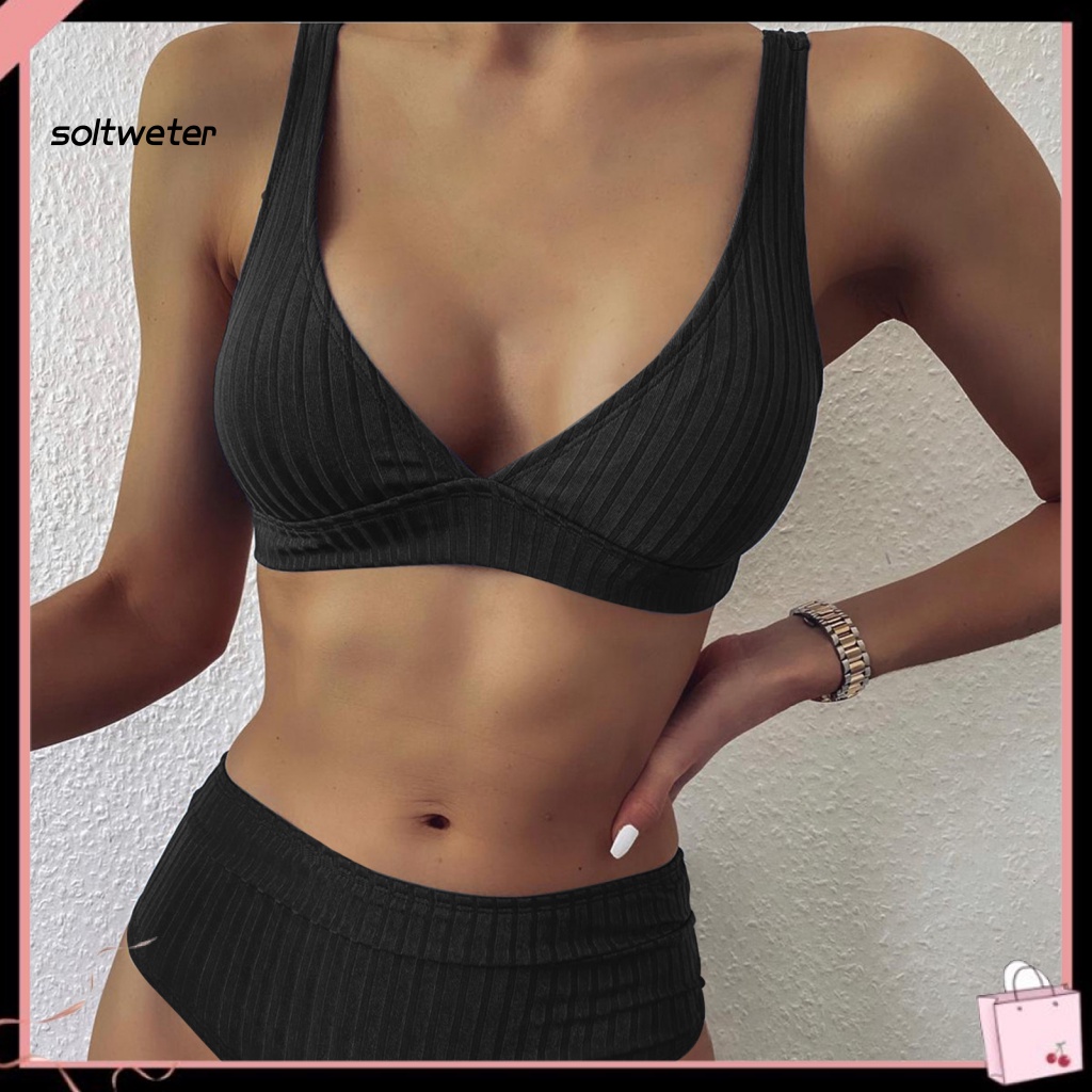 Bộ Đồ Bơi Bikini Hai Mảnh Cổ Chữ V Sâu Màu Trơn Có Gân Và Quần Lót Dành Cho Bạn Nữ Mặc Mùa Hè