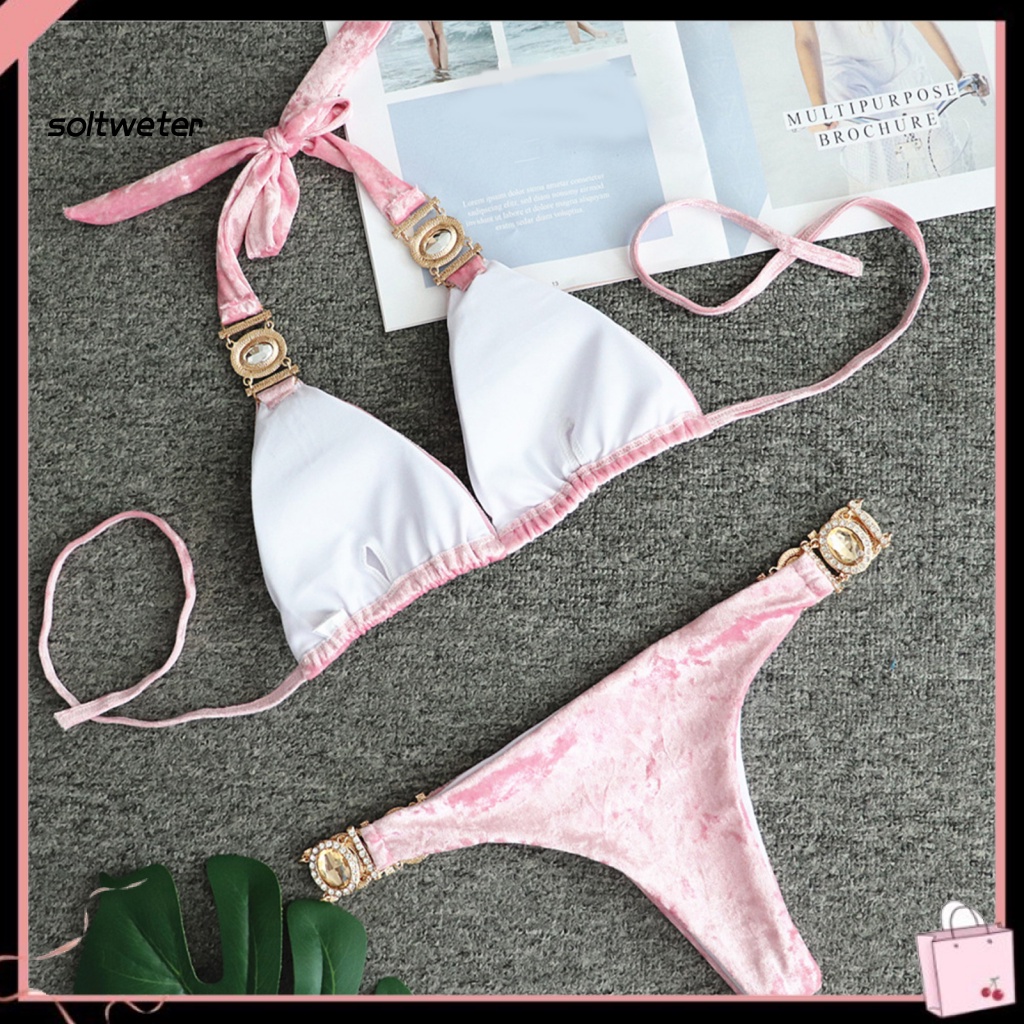 St Bộ Đồ Bơi Tam Giác Lưng Thấp Đính Đá Khóa Kim Loại Trang Trí Gợi Cảm Cho Nữ