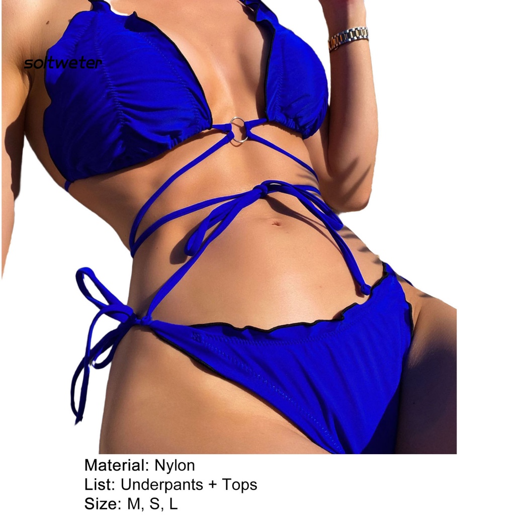 Bộ Đồ Bơi Bikini Lưng Cao Màu Sắc Trơn Có Dây Cột Hình Chiếc Lá Quyến Rũ Cho Nữ