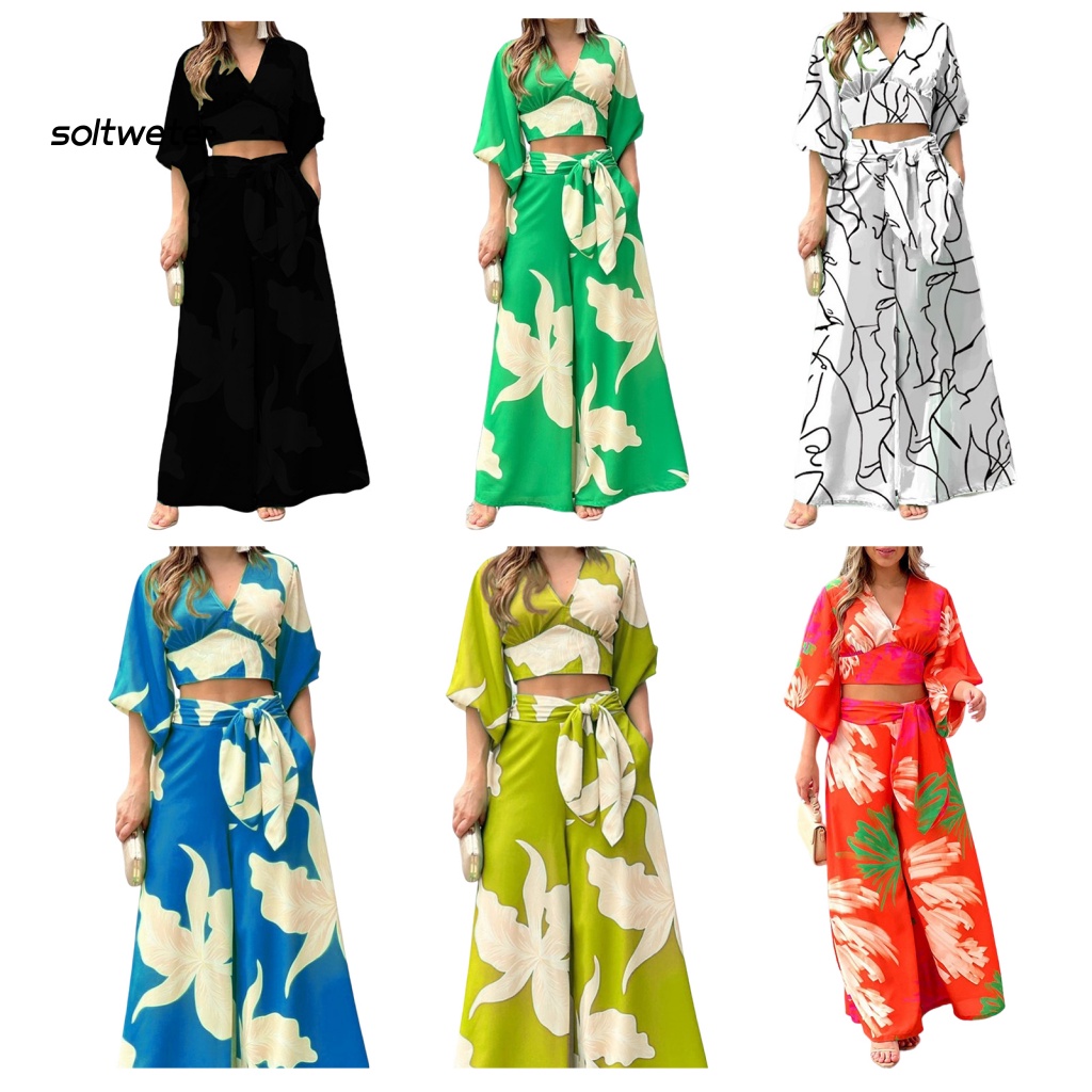 Bộ Trang Phục 2 Mảnh Gồm Áo Croptop Tay Lửng Cổ Chữ V Eo Cao Có Túi In Hoa Và Quần Dài Ống Rộng Thời Trang Công Sở