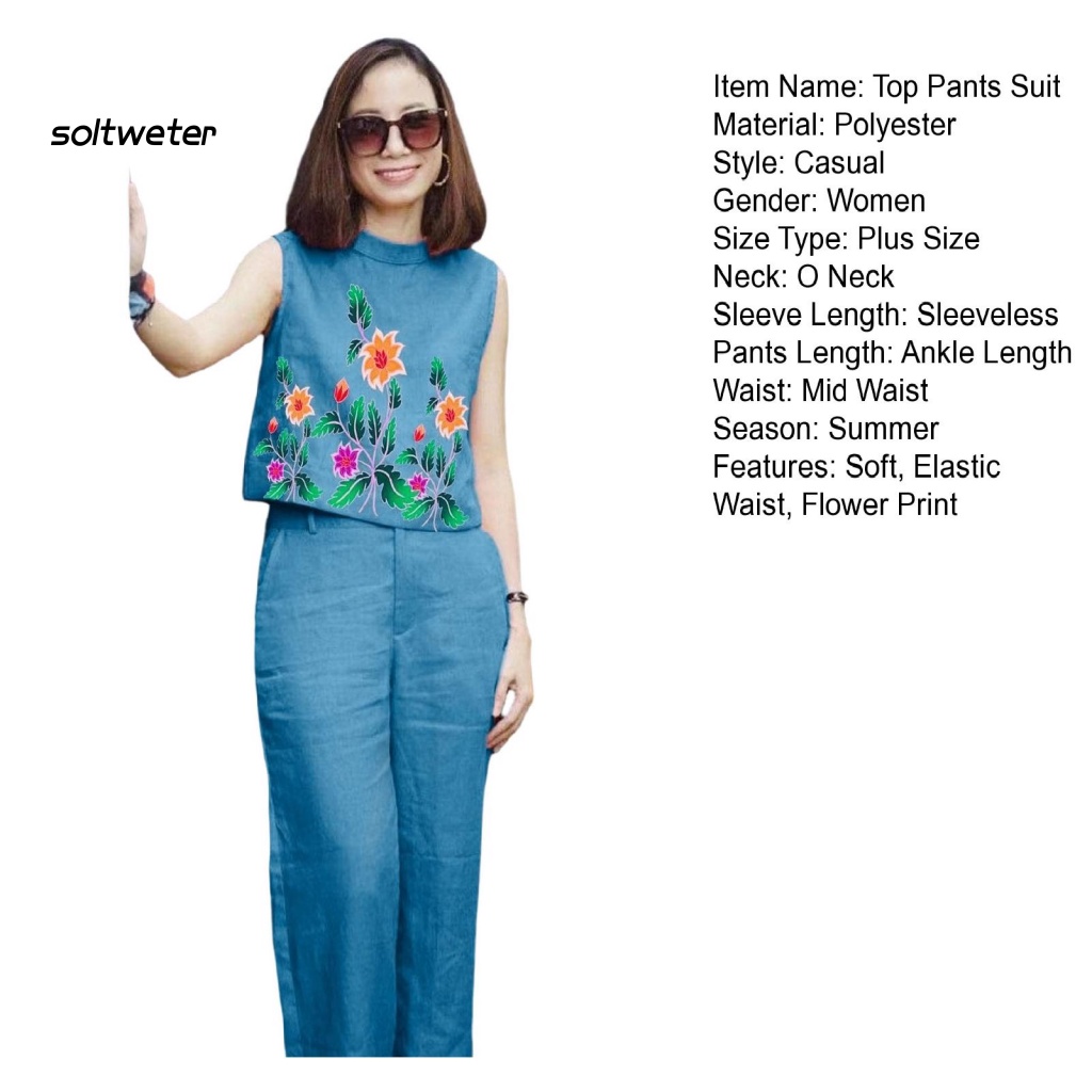 Bộ Trang Phục 2 Mảnh Gồm Áo Không Tay Cổ Tròn Và Quần Dài Lưng Thun In Họa Tiết Hoa Dáng Rộng Thời Trang Cho Nữ