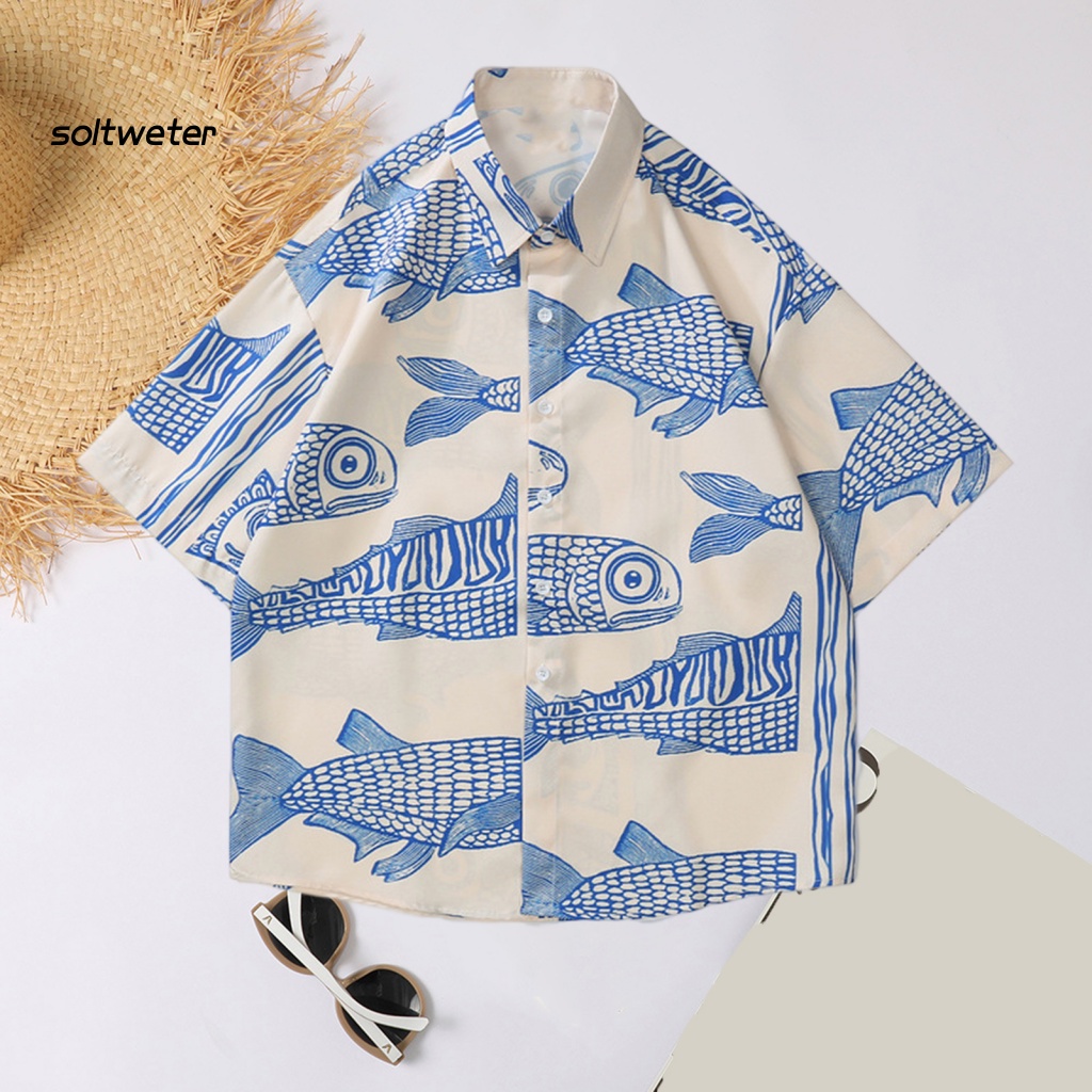 Áo Sơ Mi Tay Ngắn Cổ Bẻ In Họa Tiết Cá 3D Plus Size Thời Trang Đường Phố Mùa Hè Cho Nam