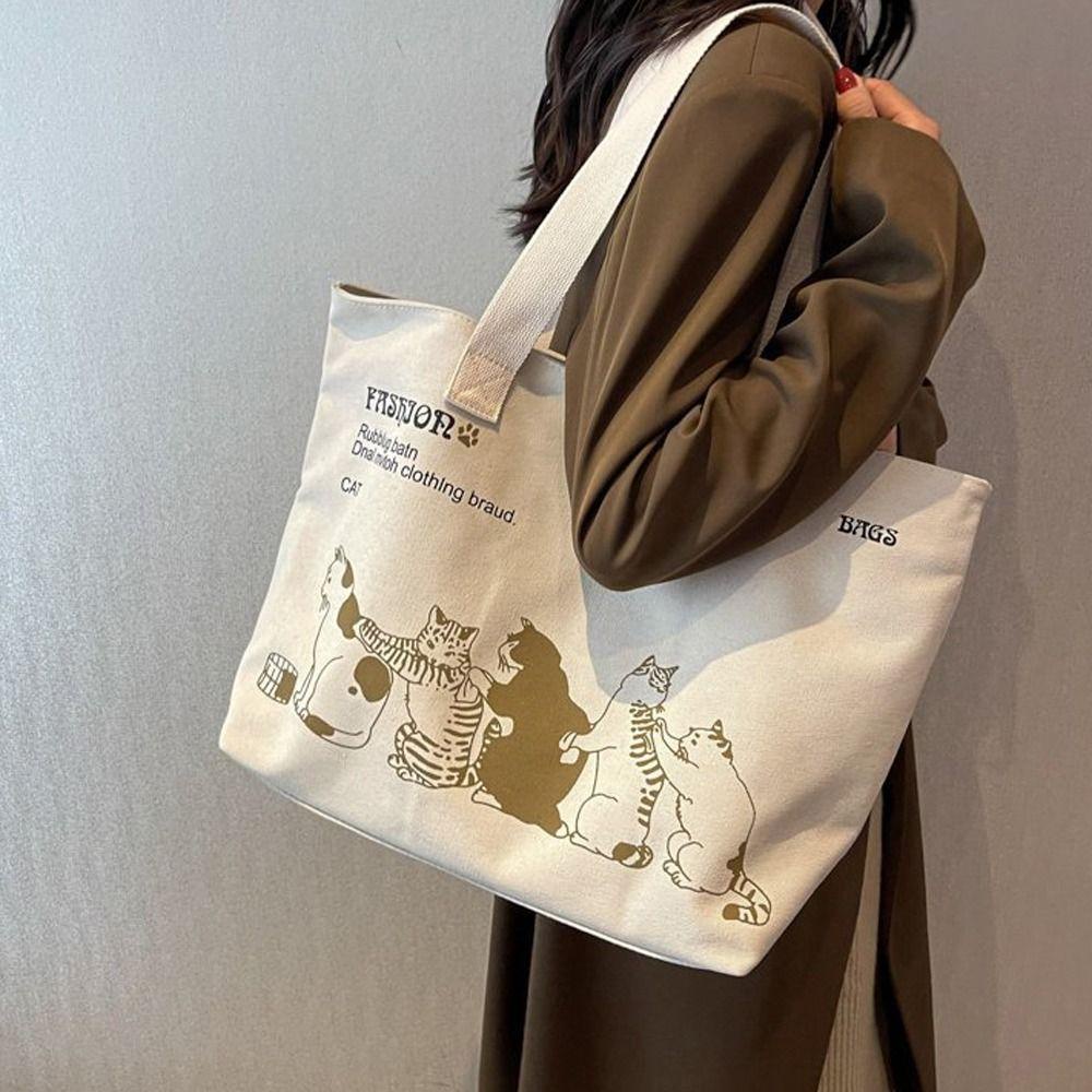 LOMBARD Túi Tote Vải Canvas In Hình Mèo Và Chữ Thanh Lịch Dễ Phối Đồ Thời Trang Đường Phố