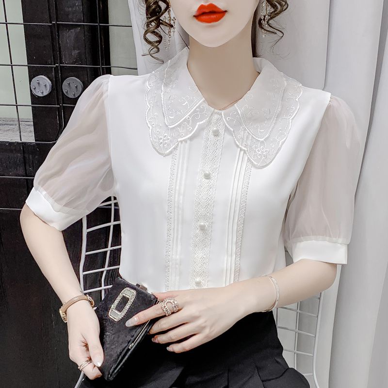 Áo Sơ Mi Chiffon Tay Ngắn Cổ Búp Bê Thời Trang Phong Cách Phương Tây Dành Cho Nữ