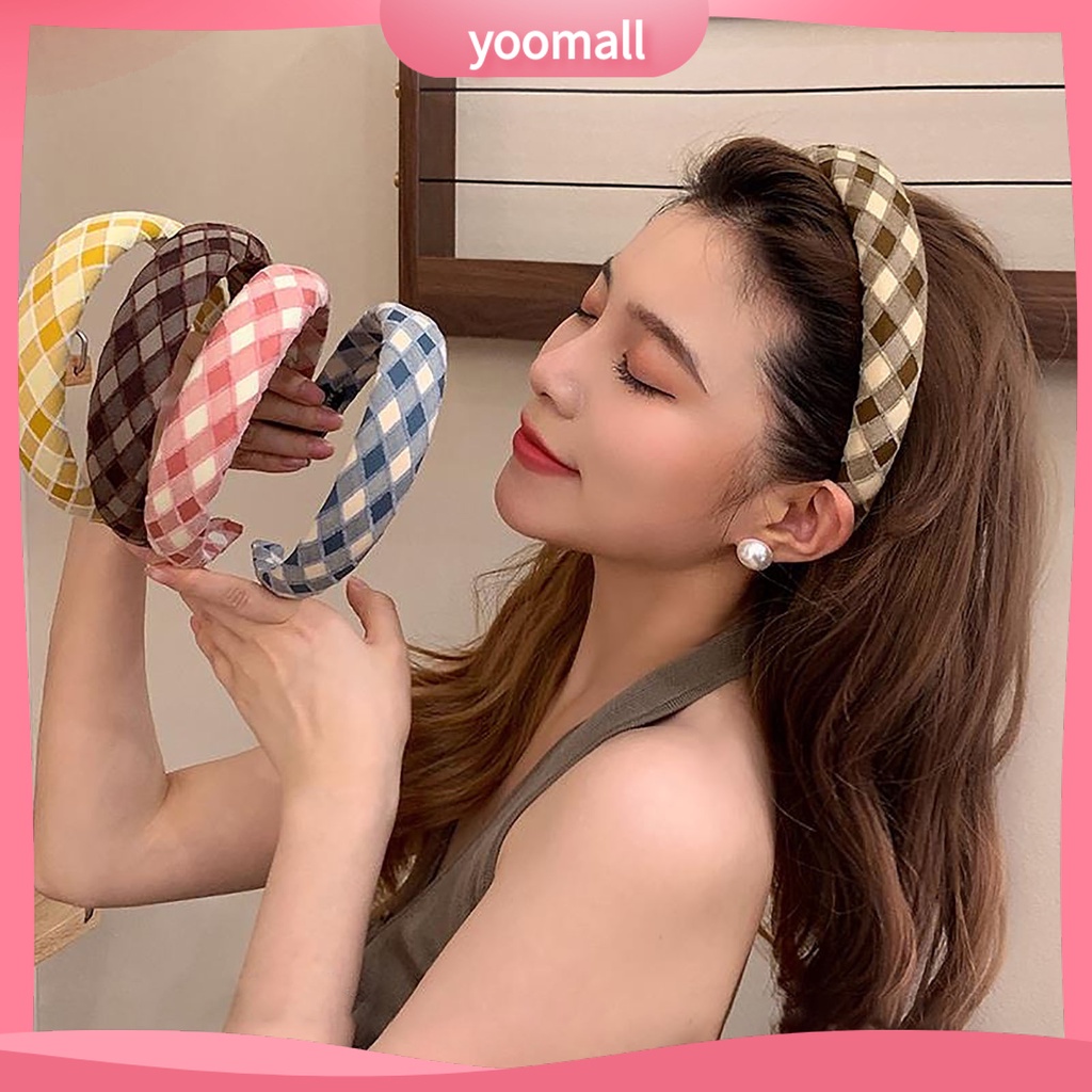 Băng Đô Cài Tóc Bản Rộng Chống Trượt In Họa Tiết Caro Dễ Thương Cho Nữ