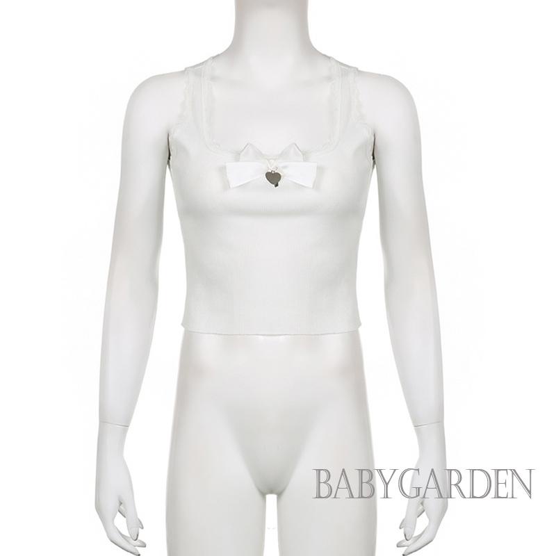 / / - Áo Crop Top Không Tay Thắt Nơ Trước Phối Ren Thời Trang Mùa Hè Cho Nữ