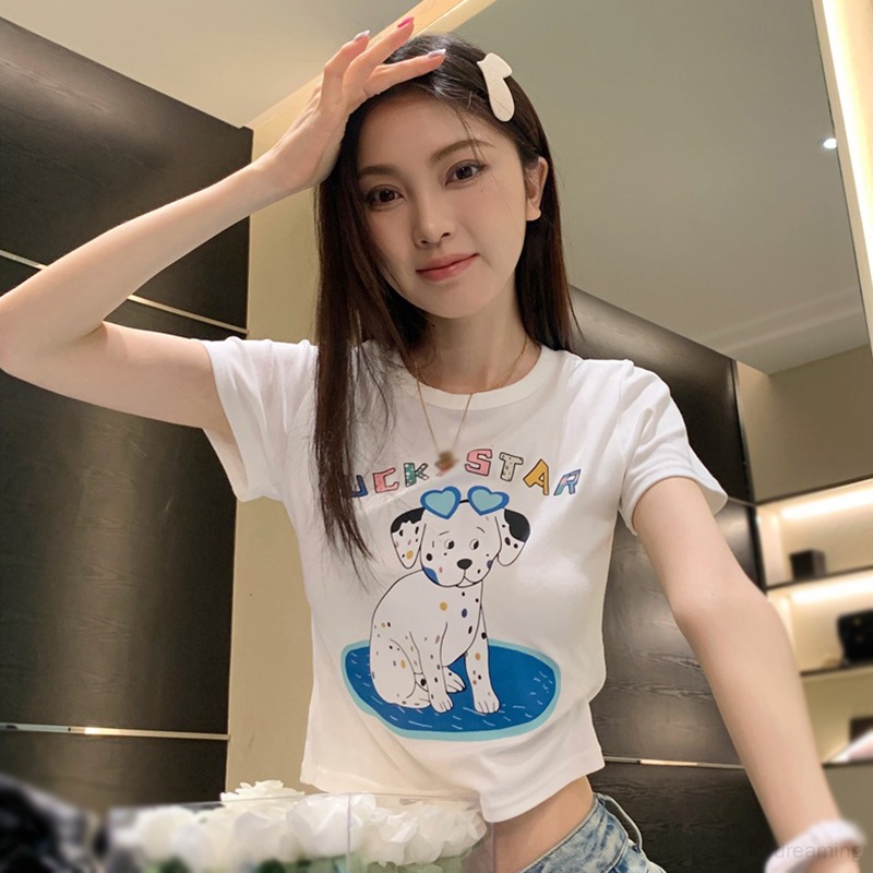 Áo Thun Croptop Tay Ngắn Cổ Tròn In Chữ Và Hình Chú Chó Dễ Thương Thời Trang Mùa Hè Phong Cách Hàn Quốc Cho Nữ