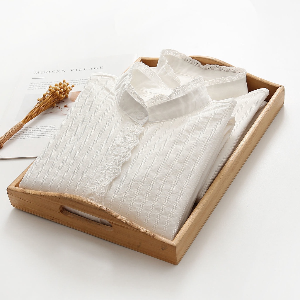 Áo Sơ Mi Cotton Nguyên Chất Cổ Đứng Tay Dài Phong Cách Nhật Bản Thời Trang Xuân Thu Cho Nữ