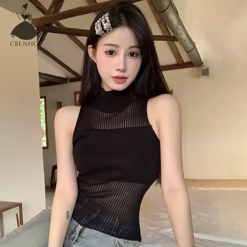 Áo Dệt Kim Sát Nách Cổ Lọ Màu Trơn Thời Trang Mùa Hè Cho Nữ