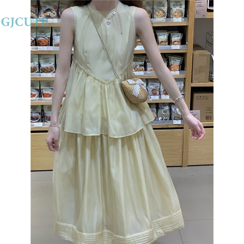 Đầm Dáng Chữ A Không Tay Cổ Tròn Màu Trơn Thời Trang Mùa Hè Cho Nữ