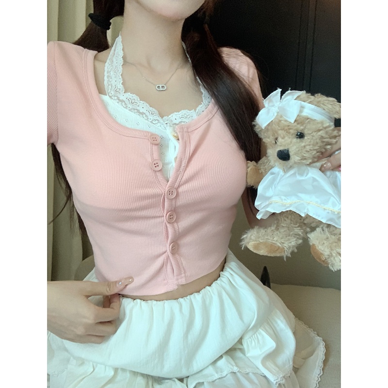 Áo Thun Ngắn Tay Phối Ren Màu Tương Phản Thời Trang