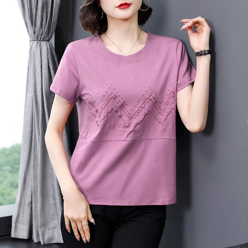 Áo Thun Cotton Ngắn Tay Cổ Tròn Thêu Họa Tiết Thời Trang Mùa Hè Cho Nữ