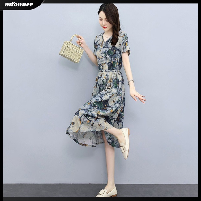 Đầm Midi Ngắn Tay Dáng Chữ A Lưng Cao In Hoa Phối Túi Thời Trang Mùa Hè Cho Nữ