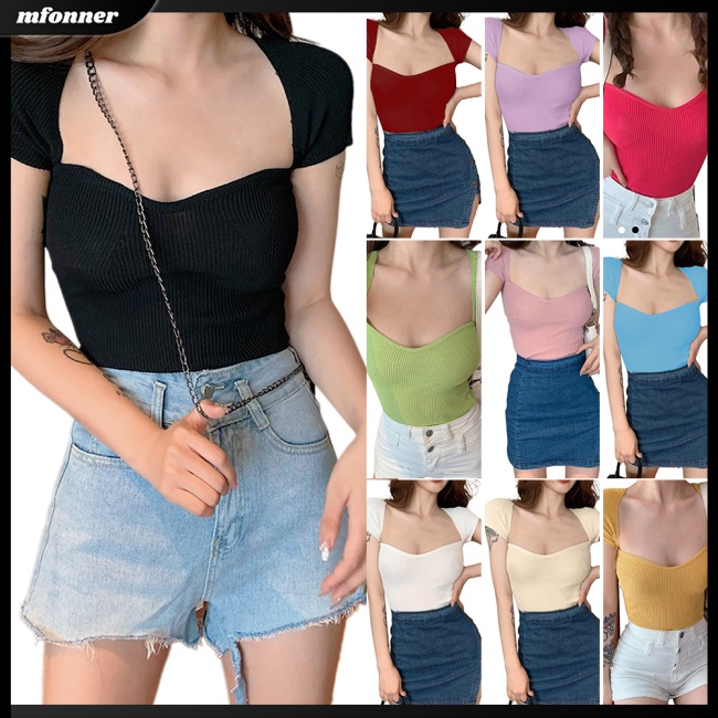 Áo Croptop Dệt Kim Tay Ngắn Cổ Vuông Màu Sắc Đơn Giản Cho Nữ