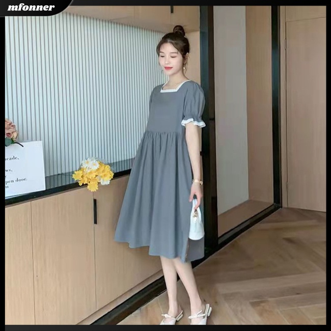 Đầm Midi Chữ A Tay Ngắn Cổ Vuông Dáng Rộng Màu Sắc Đơn Giản Thời Trang Mùa Hè Cho Nữ