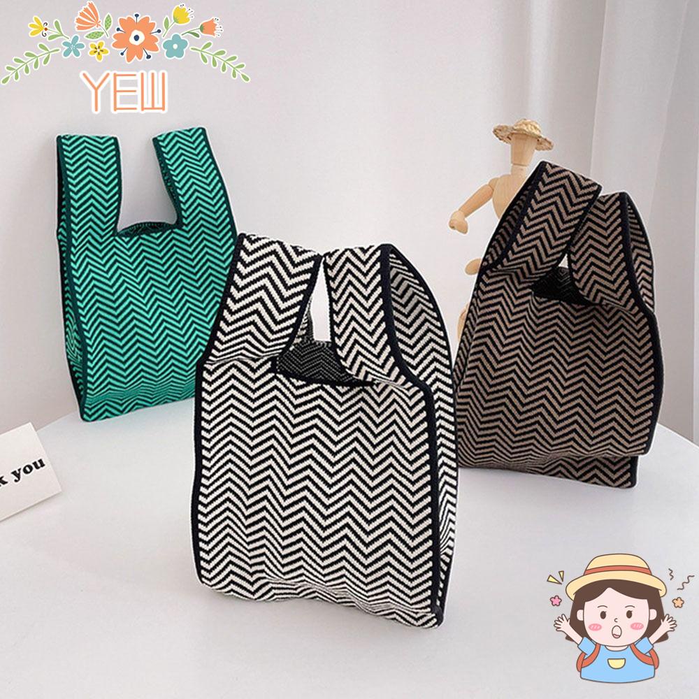 Túi Mua Sắm Đeo Vai Mini Kiểu Đan Len Họa Tiết Sọc Caro Thắt Nút Cho Nữ