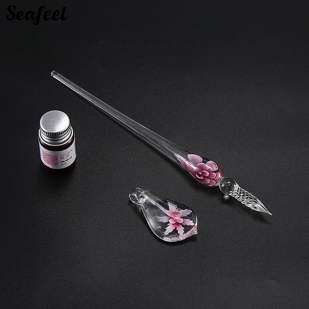 1 Bộ Bút Thủy Tinh Trong Suốt Đính Hoa Giả