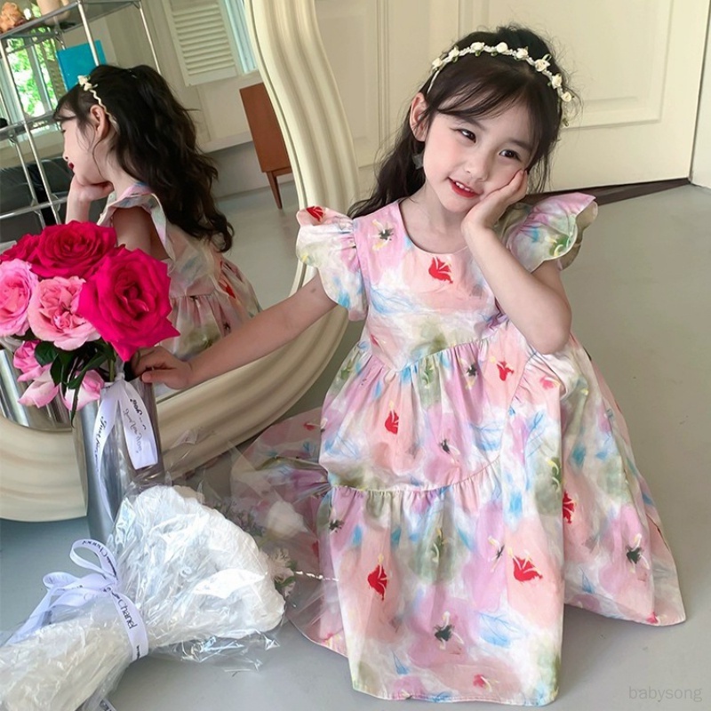 Đầm Công Chúa Mùa Hè Tay Bay Phong Cách Hàn Quốc Ngọt Ngào Cho Bé Gái