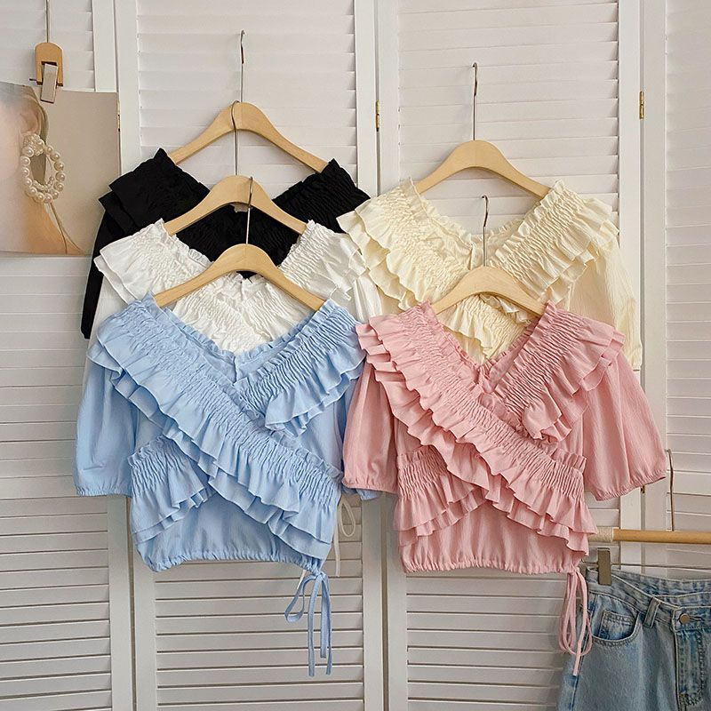 Áo Sơ Mi Ngắn Tay Cổ Chữ V Phối Bèo Thiết Kế Mới Thời Trang Mùa Hè Theo Phong Cách Hàn Quốc Cho Nữ