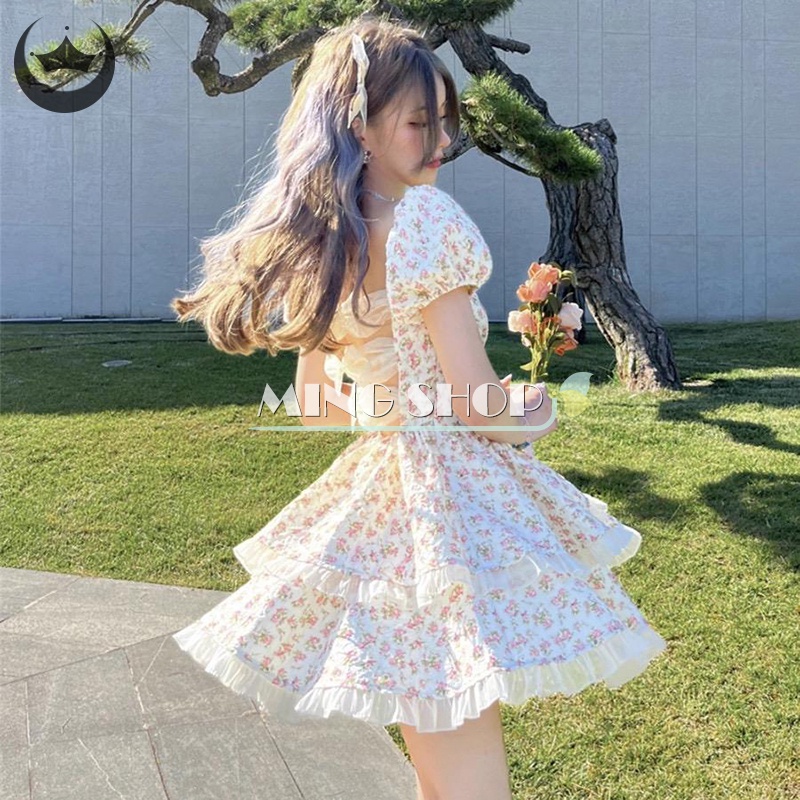 Đầm Công Chúa Mini Cổ Vuông Hở Lưng Đính Nơ In Họa Tiết Hoa Xinh Xắn Cho Nữ