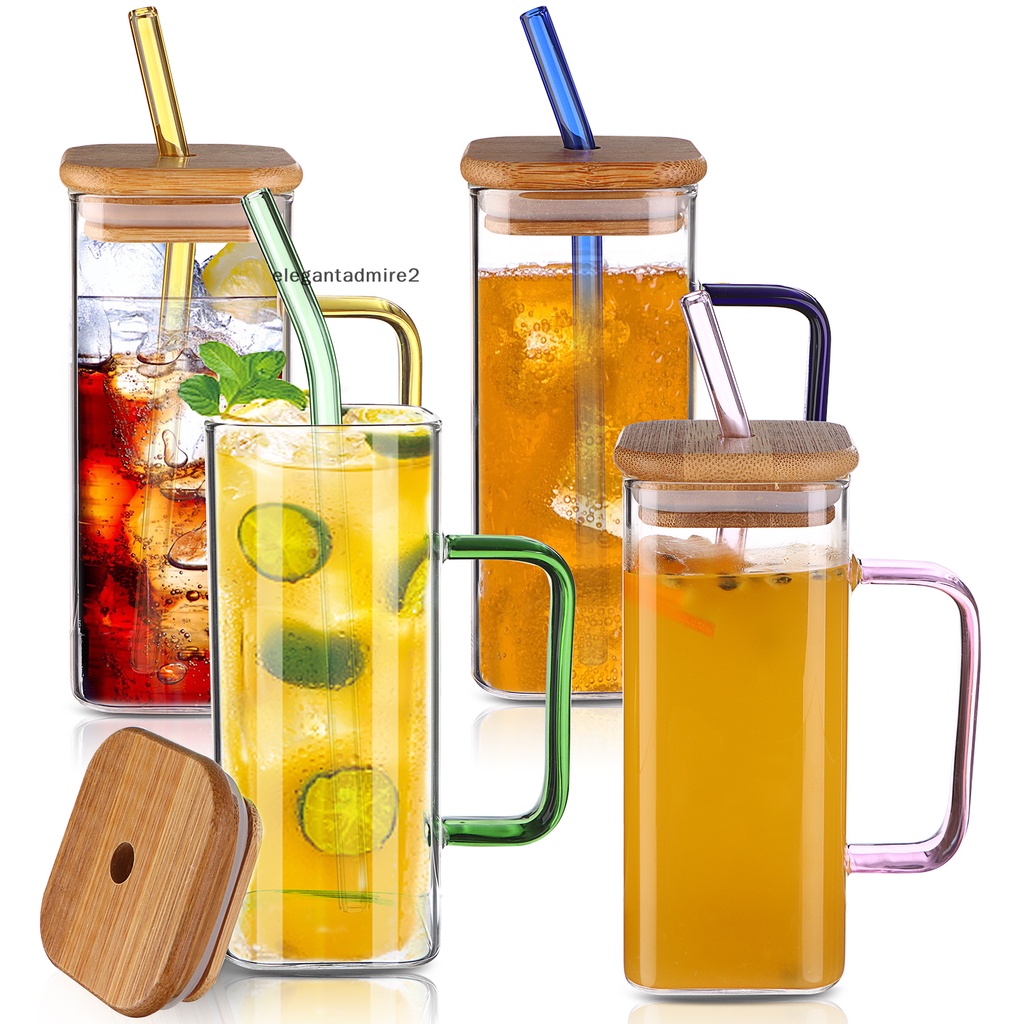 Bộ 4 Cốc Thủy Tinh 14oz / 400ml Có Nắp Và Ống Hút Hình Vuông Bằng Tre Dùng Làm Cocktail / Rượu Whiskey / Cà Phê Nóng / Nước Ép