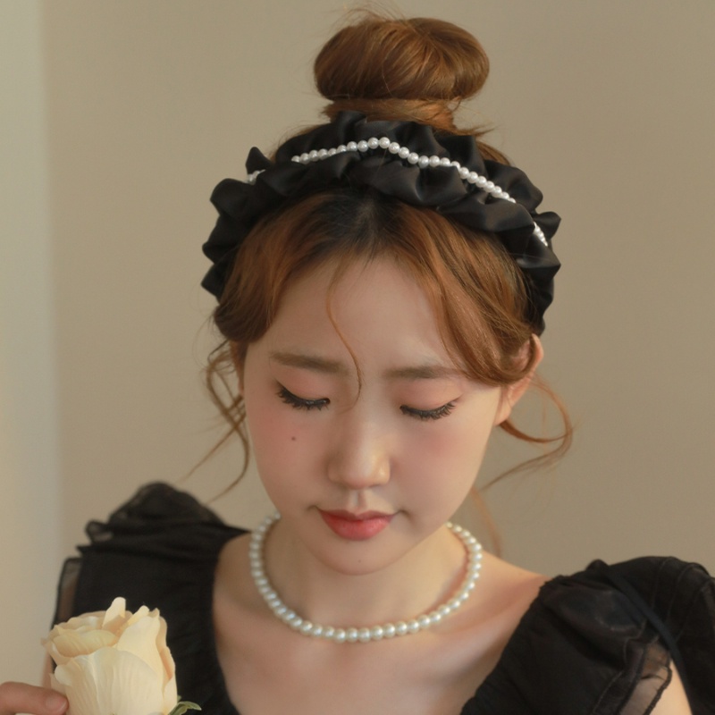 Băng Đô Cài Tóc Bản Rộng Xếp Ly Đính Hạt Ngọc Trai Thời Trang Hàn Quốc Cho Nữ