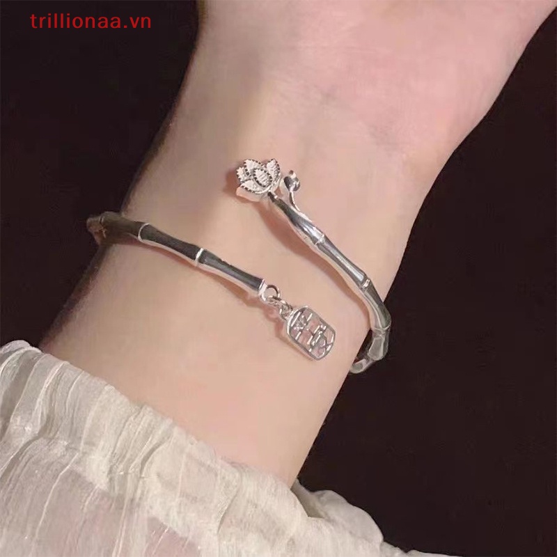 Vòng Đeo Tay May Mắn Dạng Hở Màu Bạc Khắc Chữ Lucky Và Hoa Sen Tùy Chỉnh Thời Trang Cho Nữ