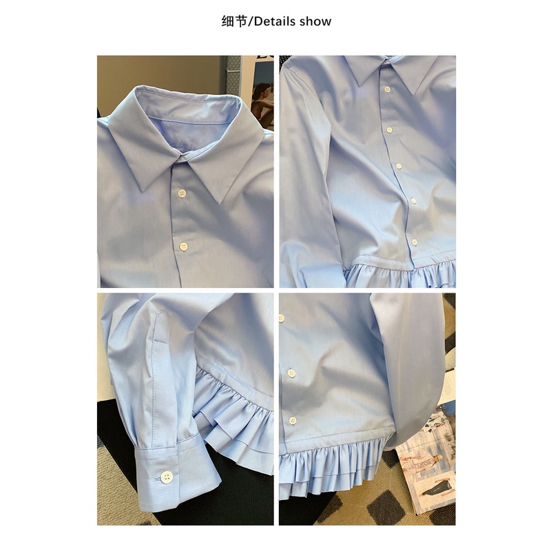 Áo Sơ Mi Tay Dài Phối Bèo Màu Xanh Dương Cỡ Lớn 150kg Phong Cách Pháp Thời Trang Cho Nữ