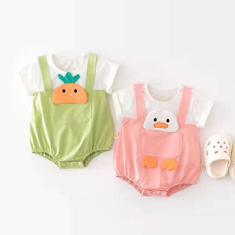 Bộ Áo Liền Quần Bằng Cotton Tay Ngắn In Họa Tiết Hoạt Hình Dễ Thương Thời Trang Mùa Hè Cho Bé 0-2 Tuổi