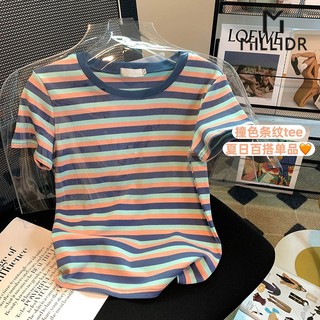 Áo Thun Cotton Ngắn Tay Cổ Tròn Họa Tiết Kẻ Sọc Màu Tương Phản Thời Trang Mùa Hè Cho Nữ