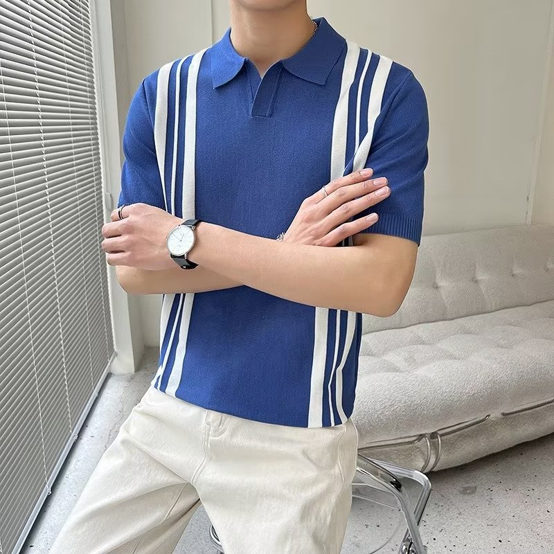 Áo Thun Polo Dệt Kim Tay Lỡ Dáng Ôm Họa Tiết Kẻ Sọc Màu Sắc Tương Phản Thời Trang Cao Cấp Cho Nam